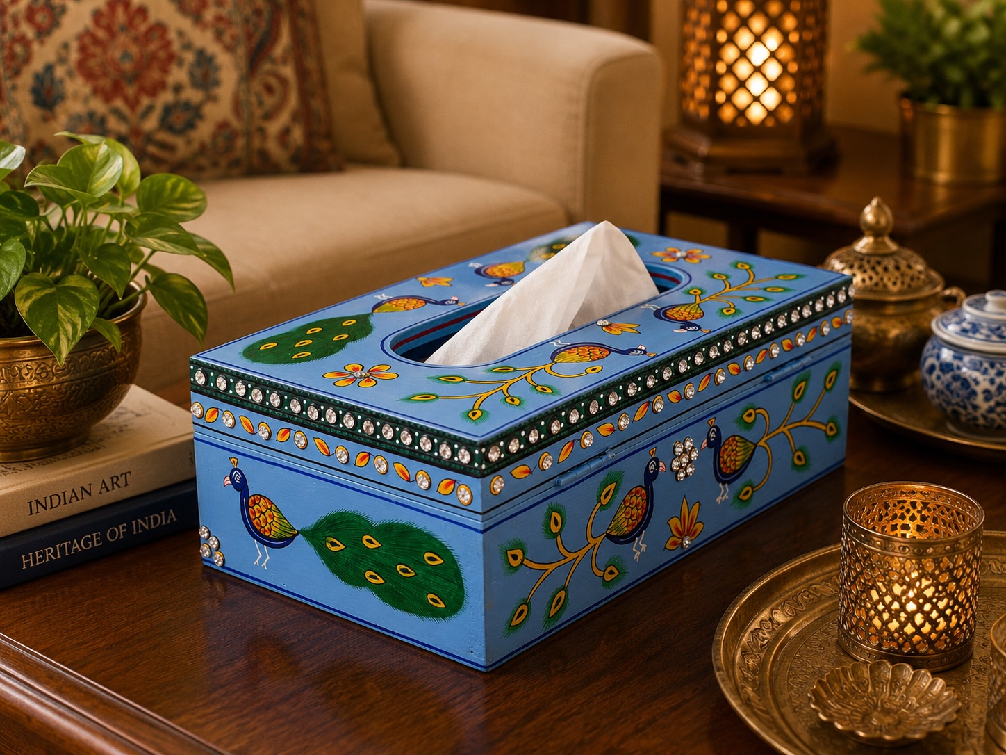 Hand Painted Wooden Tissue Box - Peacock Mughal Art