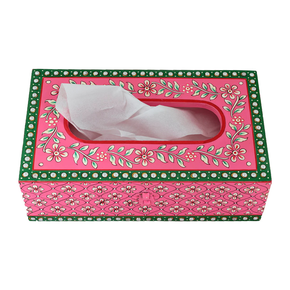 Hand Painted Wooden Tissue Box - Pink Mughal Art