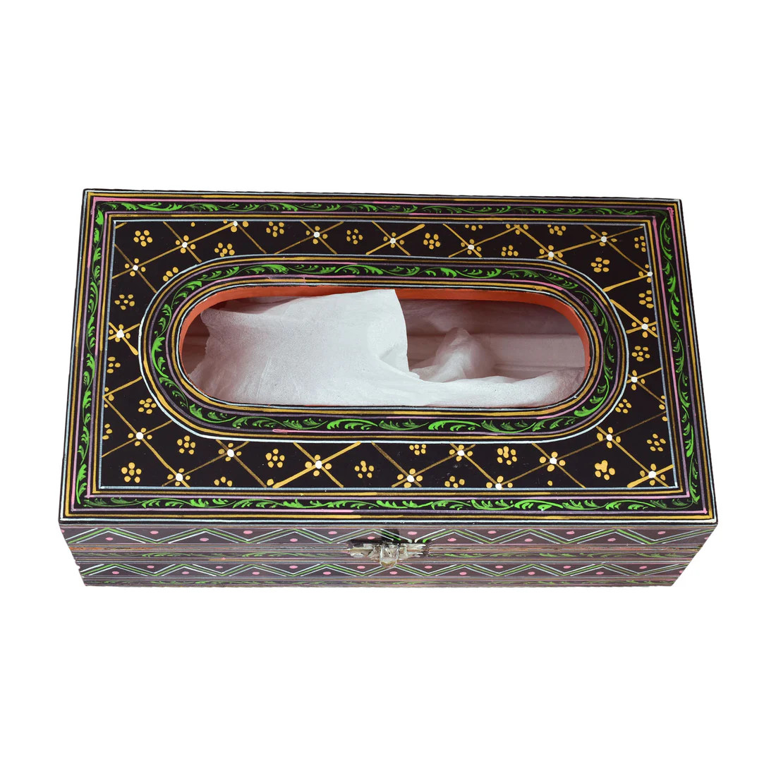 Hand Painted Wooden Tissue Box - Black Floral Mughal Art