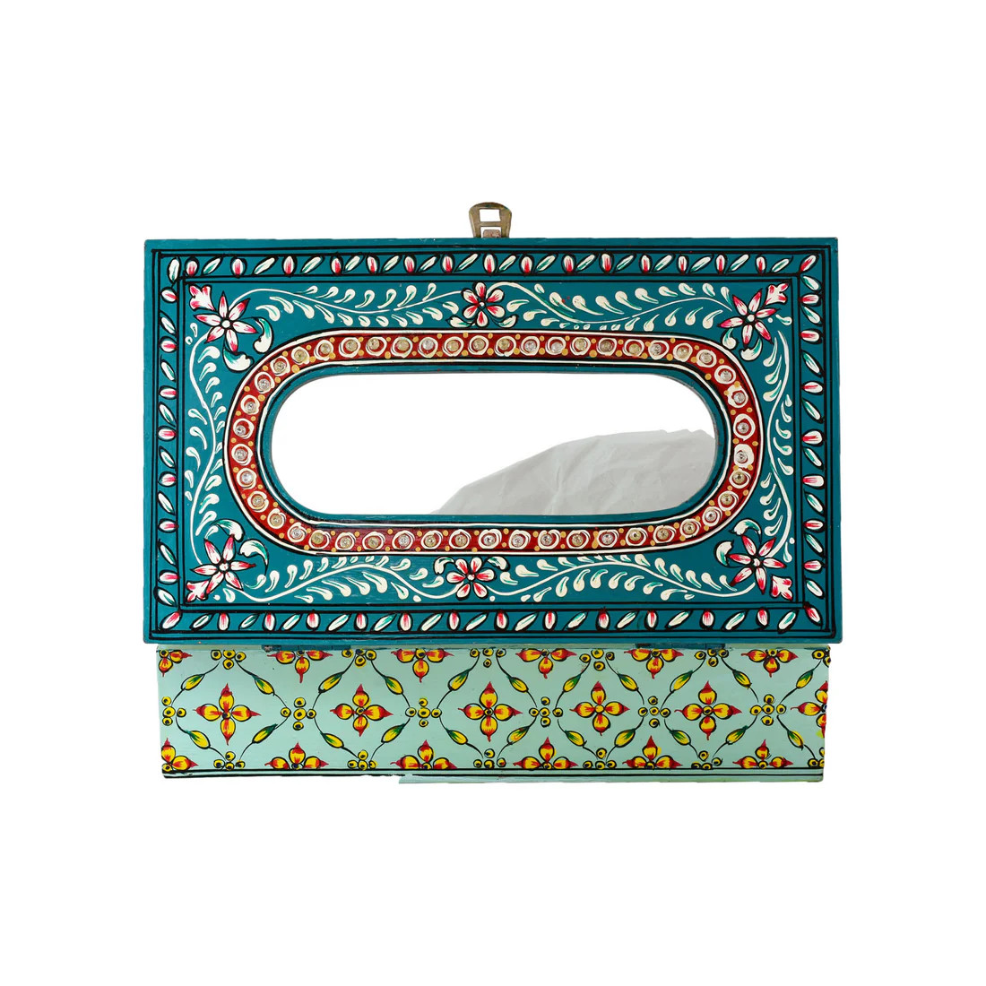 Hand Painted Wooden Tissue Box - Green Embossed Mughal Art
