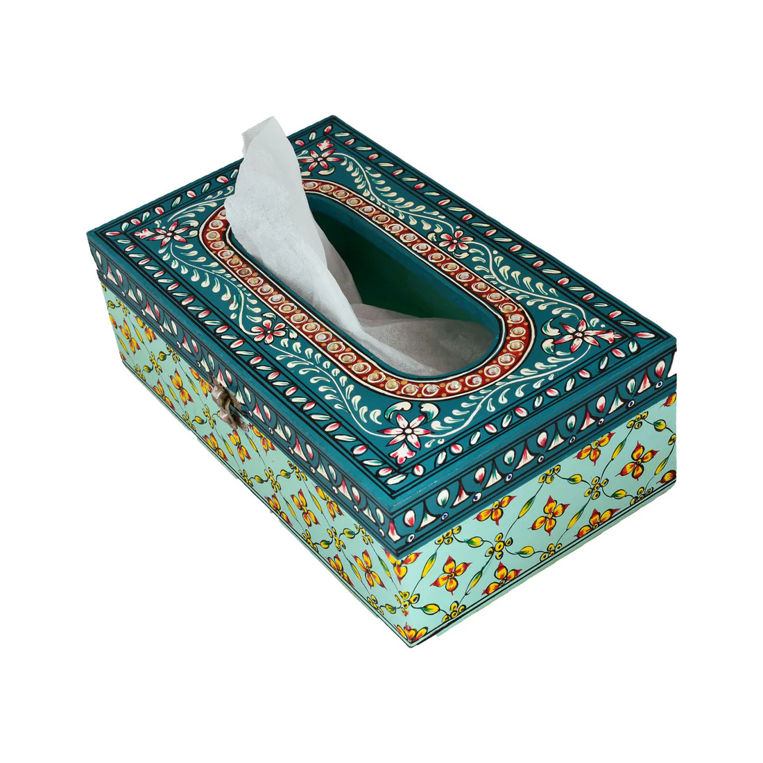 Hand Painted Wooden Tissue Box - Green Embossed Mughal Art Hand Painted Wooden Tissue Box - Green Embossed Mughal Art