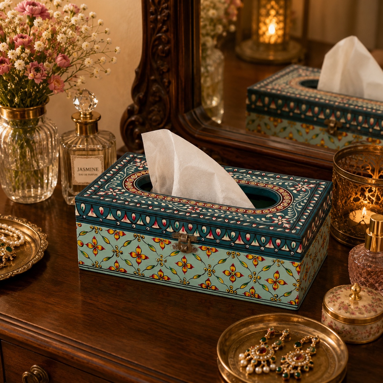Hand Painted Wooden Tissue Box - Green Embossed Mughal Art