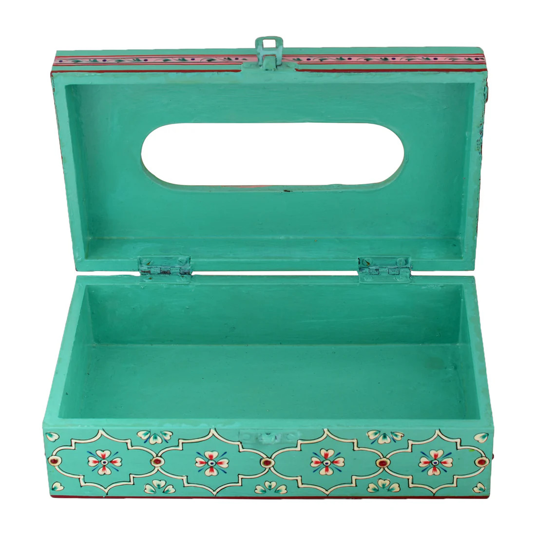 Hand Painted Wooden Tissue Box - Aqua Green Mughal Art