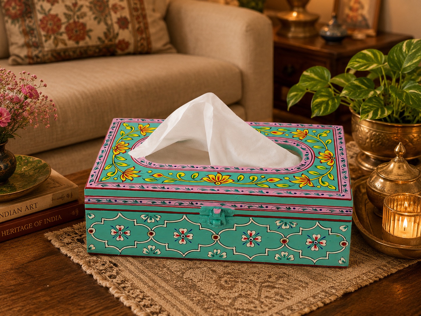 Hand Painted Wooden Tissue Box - Aqua Green Mughal Art