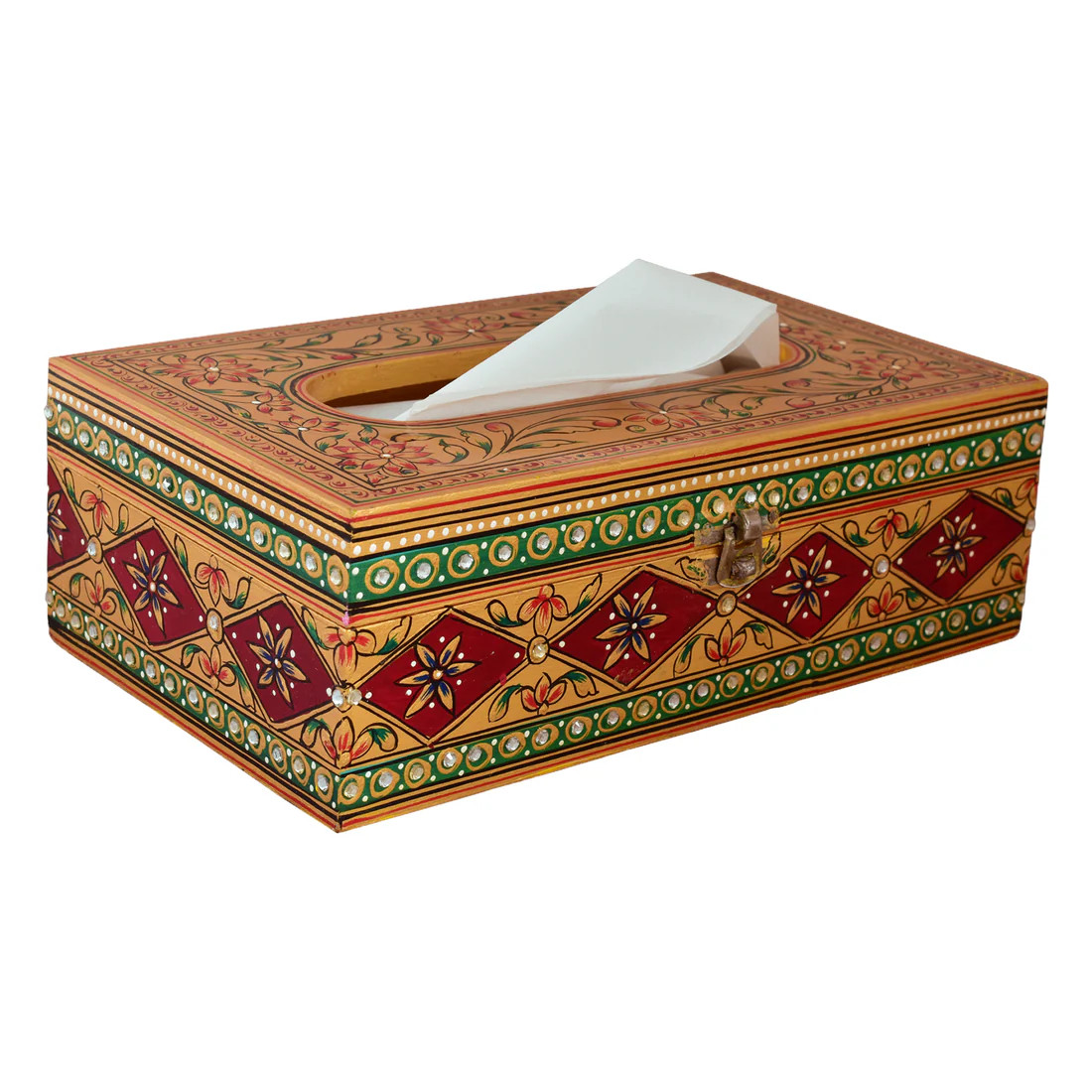 Hand Painted Wooden Tissue Box - Gold & Red Mughal Art Hand Painted Wooden Tissue Box - Gold & Red Mughal Art