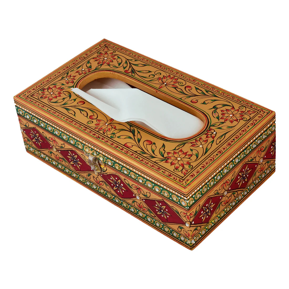 Hand Painted Wooden Tissue Box - Gold & Red Mughal Art Hand Painted Wooden Tissue Box - Gold & Red Mughal Art