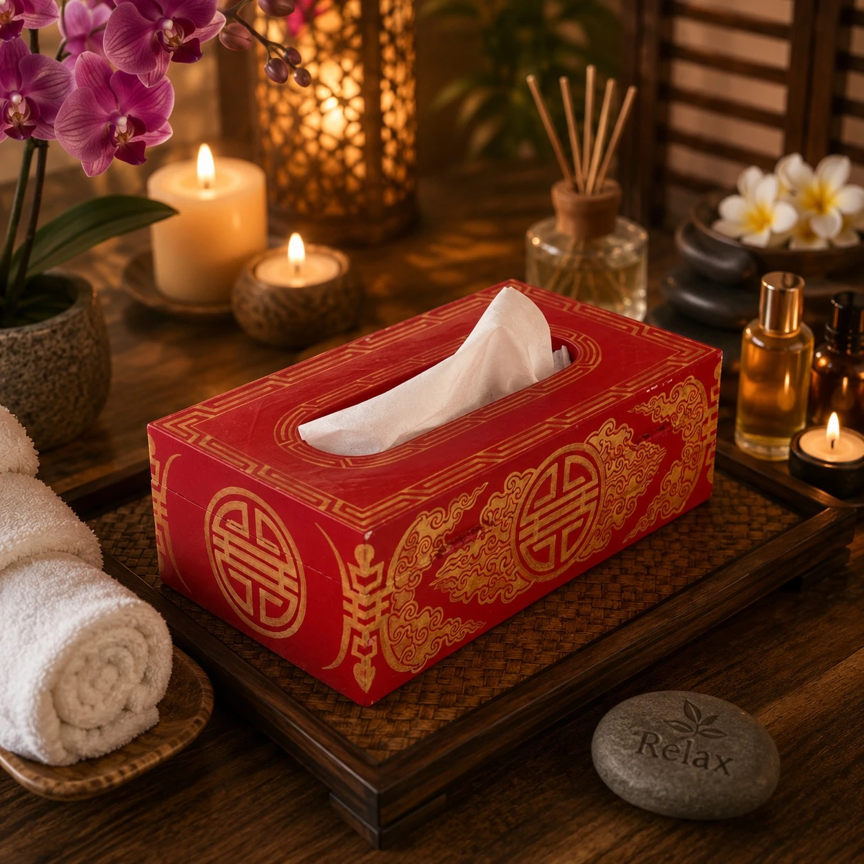 Hand Painted Wooden Tissue Box - Red Buddhists Art