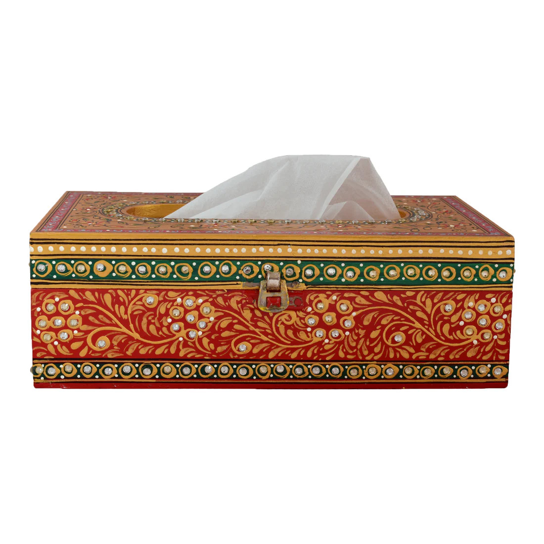 Hand Painted Wooden Tissue Box - Yellow & Red Embossed Mughal Art Hand Painted Wooden Tissue Box - Yellow & Red Embossed Mughal Art