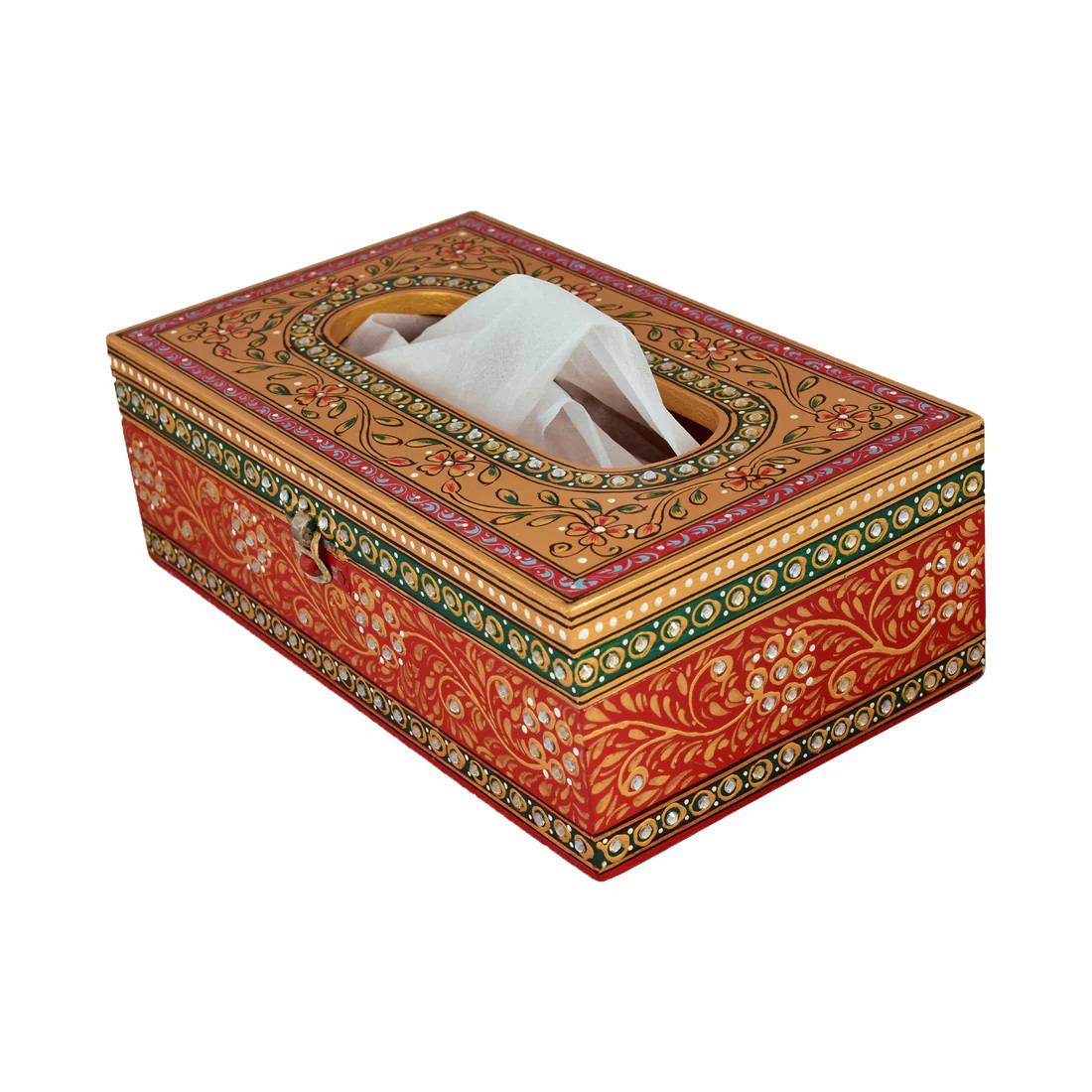 Hand Painted Wooden Tissue Box - Yellow & Red Embossed Mughal Art Hand Painted Wooden Tissue Box - Yellow & Red Embossed Mughal Art