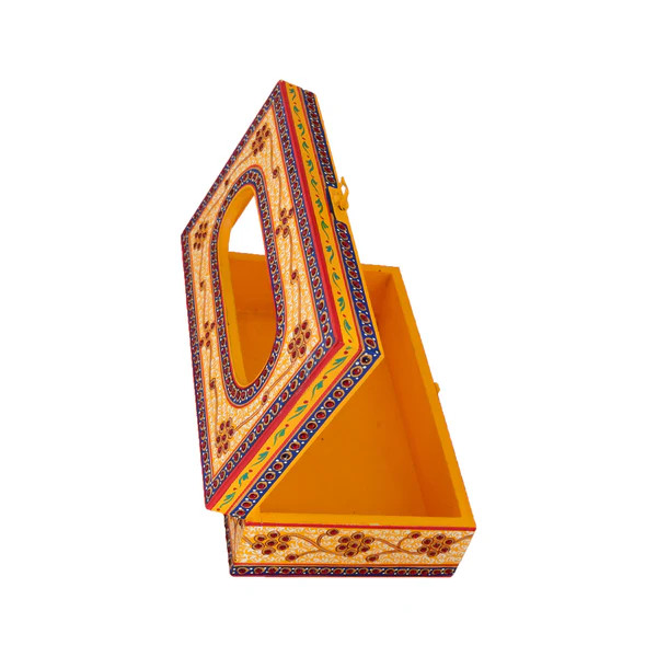 Hand Painted Wooden Tissue Box - Yellow & Red Embossed Mughal Art