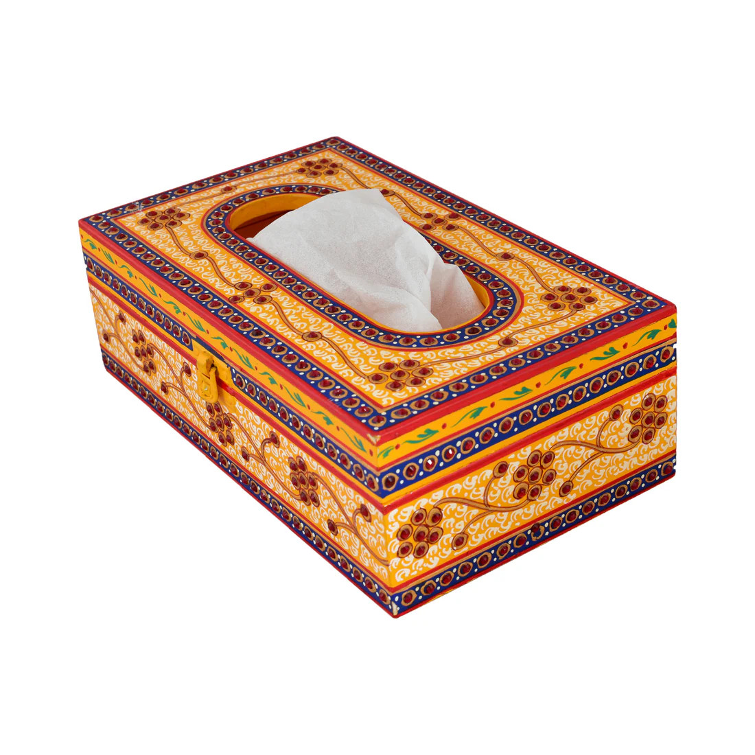 Hand Painted Wooden Tissue Box - Yellow & Red Embossed Mughal Art Hand Painted Wooden Tissue Box - Yellow & Red Embossed Mughal Art