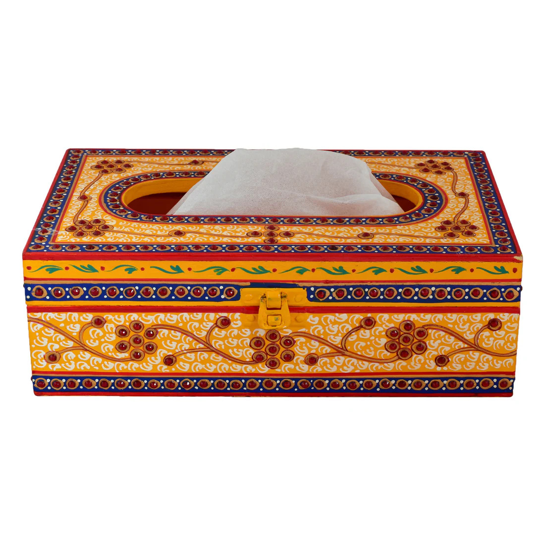 Hand Painted Wooden Tissue Box - Yellow & Red Embossed Mughal Art Hand Painted Wooden Tissue Box - Yellow & Red Embossed Mughal Art