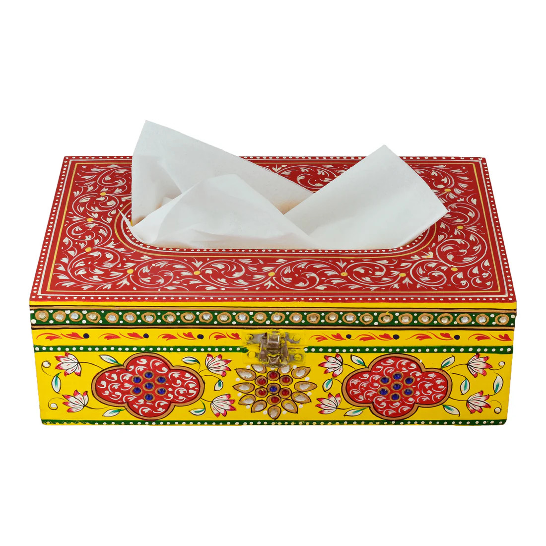 Hand Painted Wooden Tissue Box - Red & Yellow Mughal Art Hand Painted Wooden Tissue Box - Red & Yellow Mughal Art