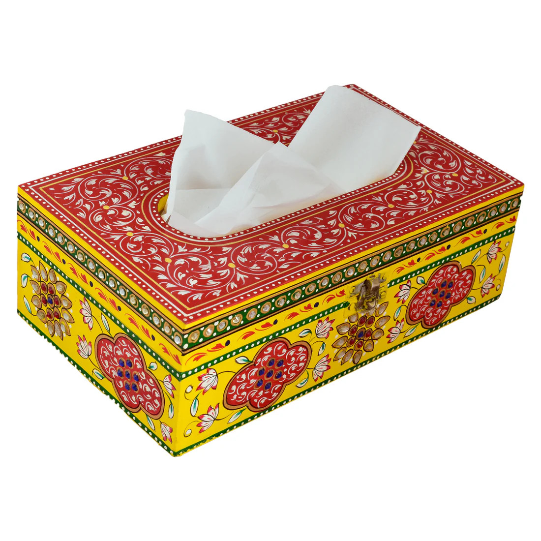 Hand Painted Wooden Tissue Box - Red & Yellow Mughal Art Hand Painted Wooden Tissue Box - Red & Yellow Mughal Art