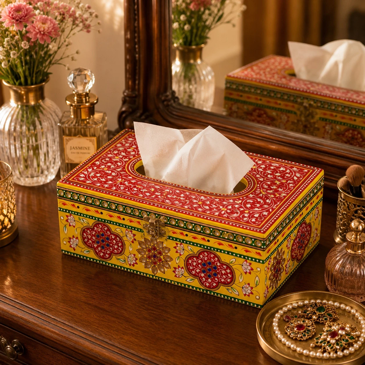 Hand Painted Wooden Tissue Box - Red & Yellow Mughal Art