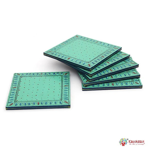 Hand Painted Coasters - Aqua Green, Mughal Art