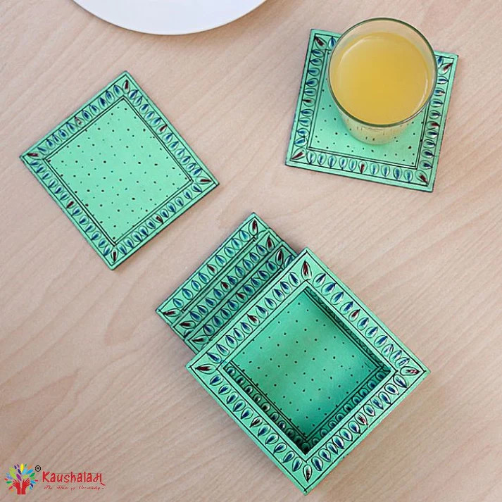 Hand Painted Coasters - Aqua Green, Mughal Art Hand Painted Coasters - Aqua Green, Mughal Art