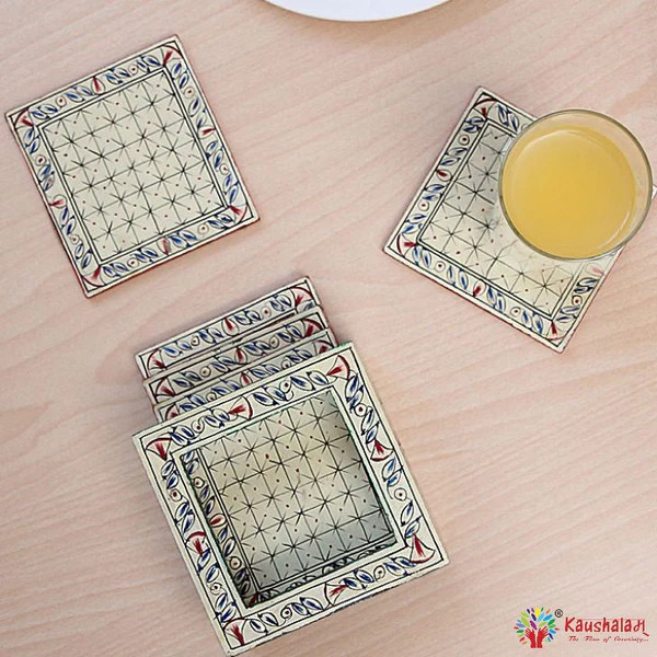 Hand Painted Coasters - White, Mughal Art Hand Painted Coasters - White, Mughal Art