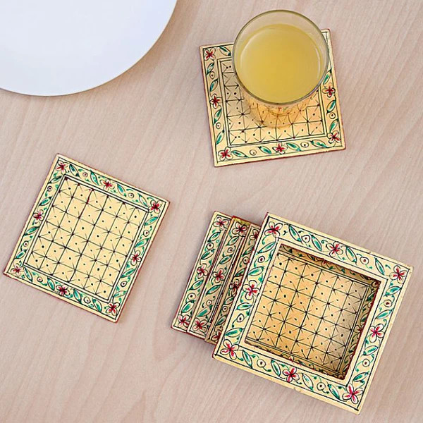 hand Painted Coasters - Elegant White, Mughal Art hand Painted Coasters - Elegant White, Mughal Art