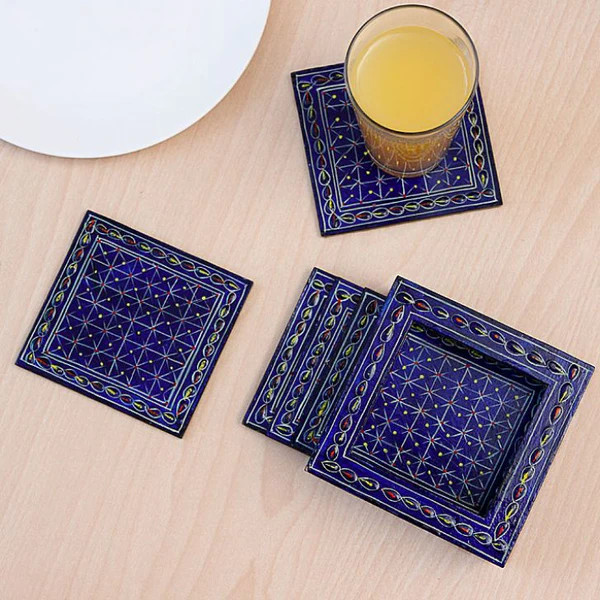 Hand Painted Coasters - Blue Mania, Mughal Art Hand Painted Coasters - Blue Mania, Mughal Art