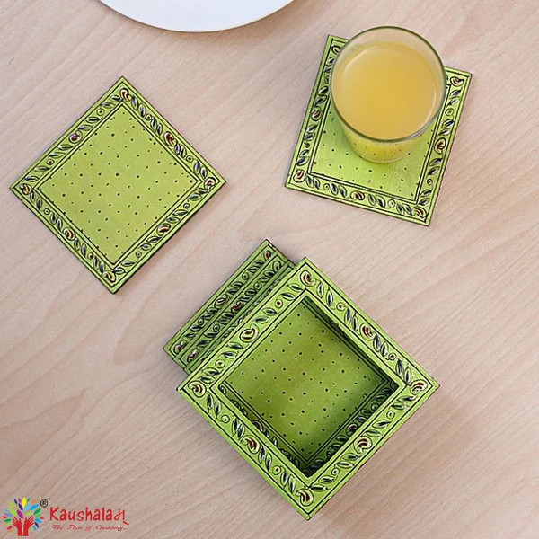Hand Painted Coasters -Lime Green , Mughal Art Hand Painted Coasters -Lime Green , Mughal Art