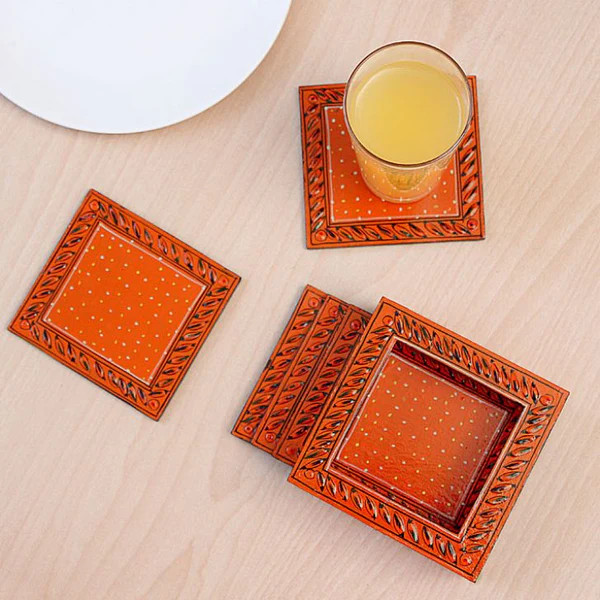 Hand Painted Coasters - Radish Orange , Mughal Art