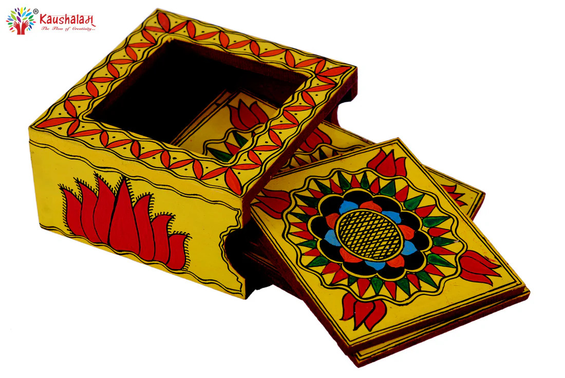 Hand Painted Madhubani Coasters set of 6 with holder -MANDALA