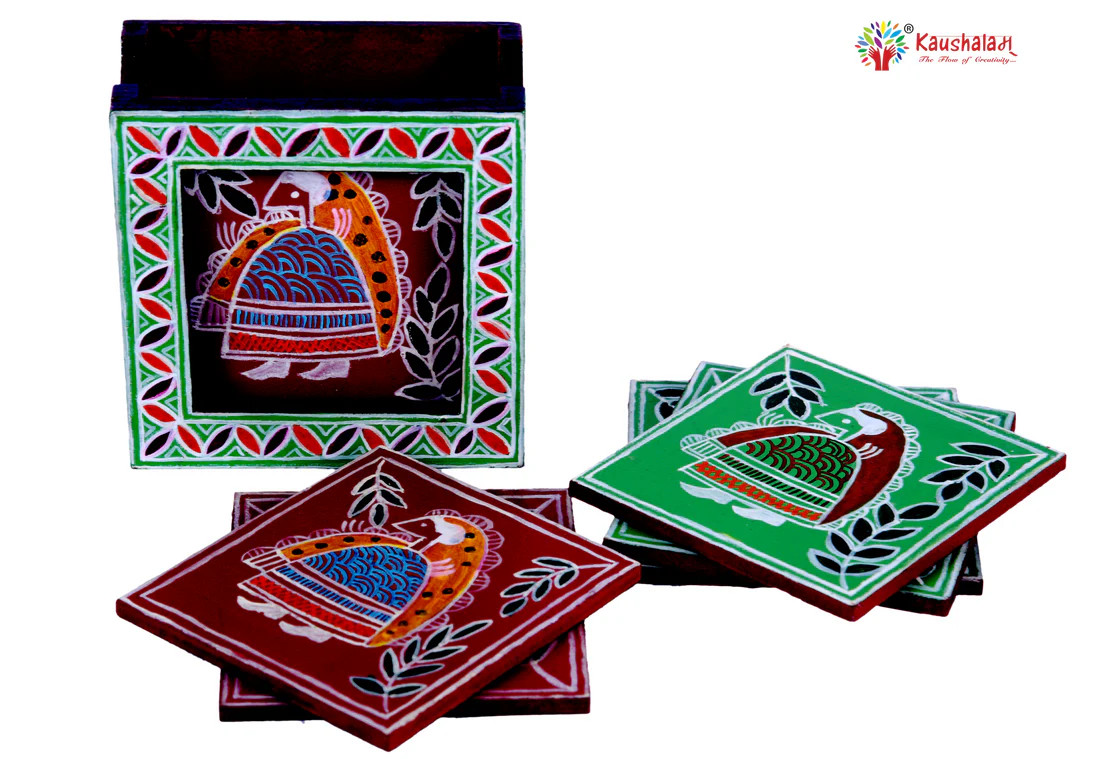 Hand Painted Madhubani Coasters set of 6 with holder - Red & Green Doll Hand Painted Madhubani Coasters set of 6 with holder - Red & Green Doll