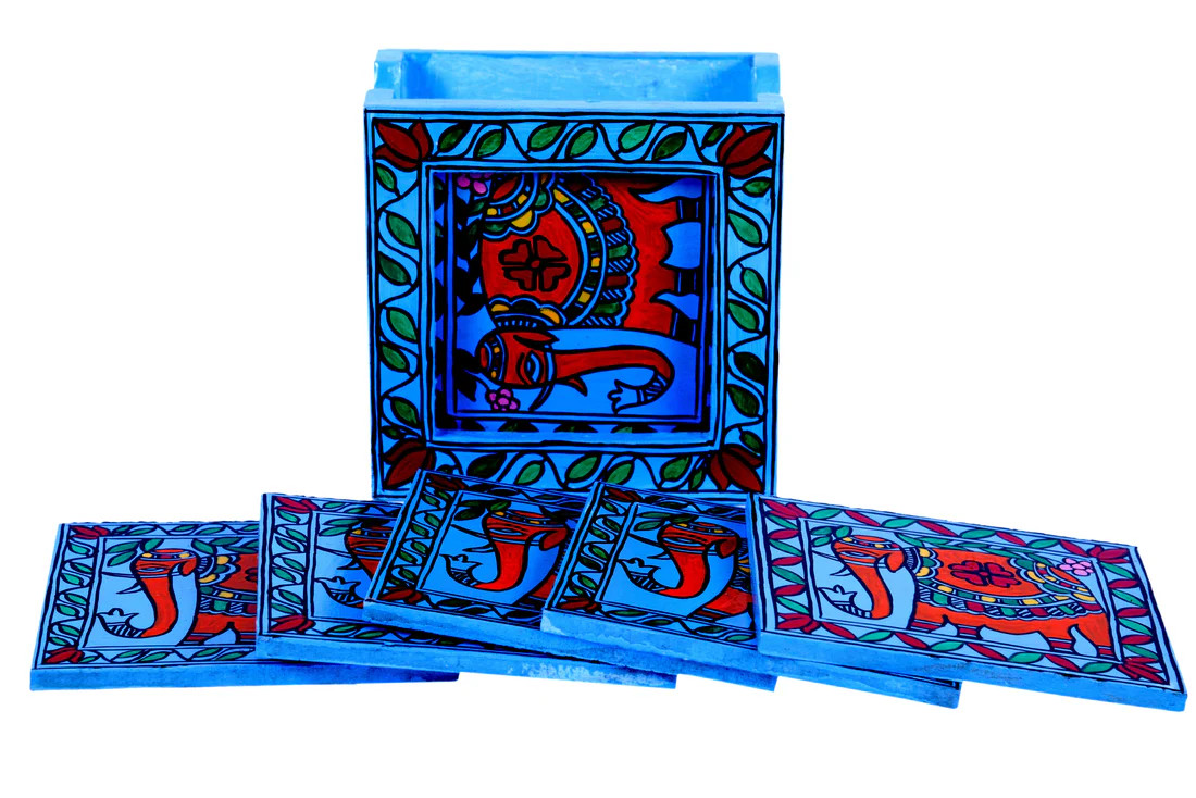 Hand Painted Madhubani Coasters set of 6 with holder - Blue Elephant Hand Painted Madhubani Coasters set of 6 with holder - Blue Elephant