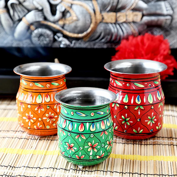 Hand Painted Kalash Set of 3 - Red - Orange - Green Hand Painted Kalash Set of 3 - Red - Orange - Green