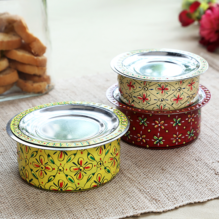 Hand-Painted Stainless Steel Serving Bowl Set (Set of 3): Containers with lid, Small bowls, Dip Servers Hand-Painted Stainless Steel Serving Bowl Set (Set of 3): Containers with lid, Small bowls, Dip Servers
