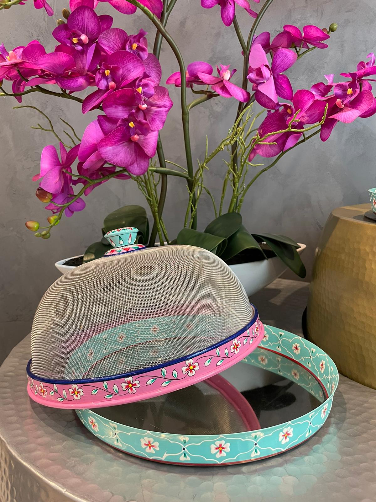 Food cover - Hand painted Cloche with round Steel Tray : Dome food cover of wire mesh with handle and Round Serving plate