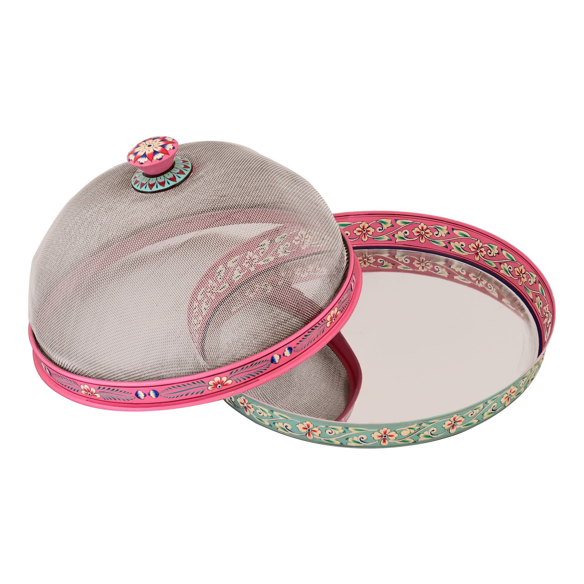 Food cover - Hand painted Cloche with round Steel Tray : Dome food cover of wire mesh with handle and Round Serving plate