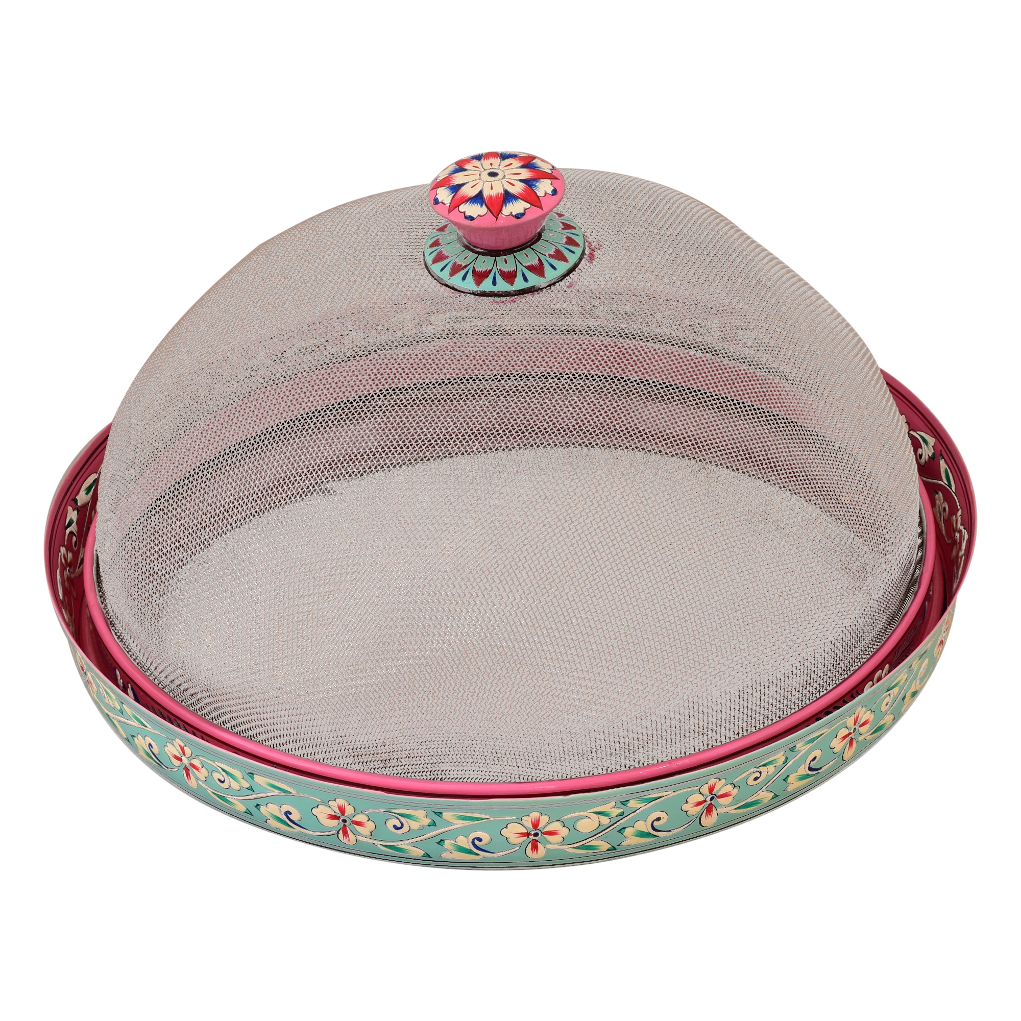 Food cover - Hand painted Cloche with round Steel Tray : Dome food cover of wire mesh with handle and Round Serving plate
