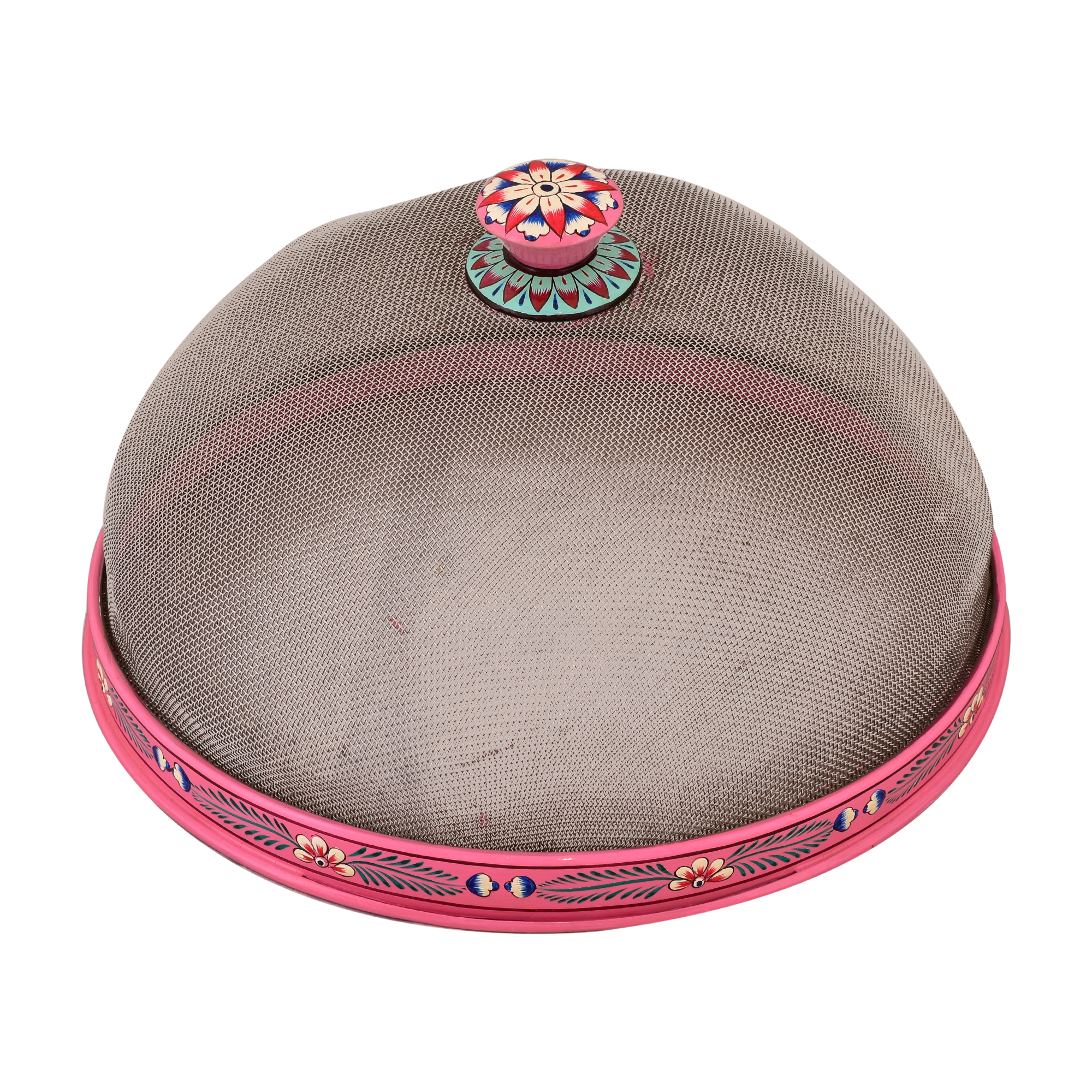 Food cover - Hand painted Cloche with round Steel Tray : Dome food cover of wire mesh with handle and Round Serving plate
