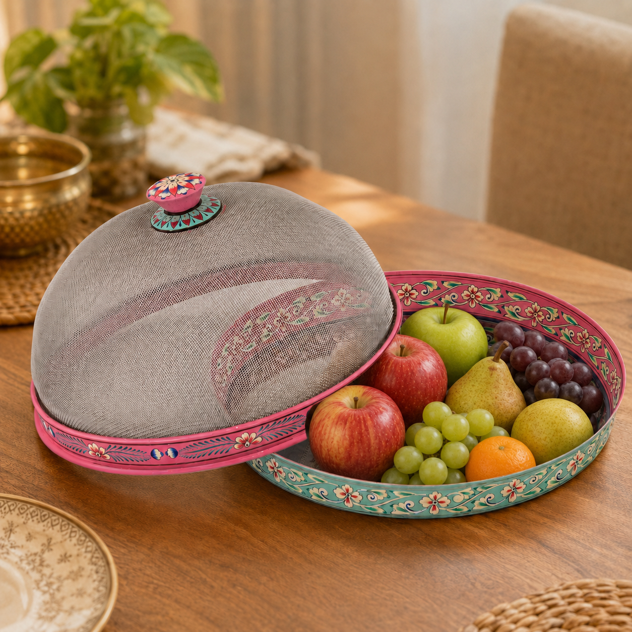 Food cover - Hand painted Cloche with round Steel Tray : Dome food cover of wire mesh with handle and Round Serving plate