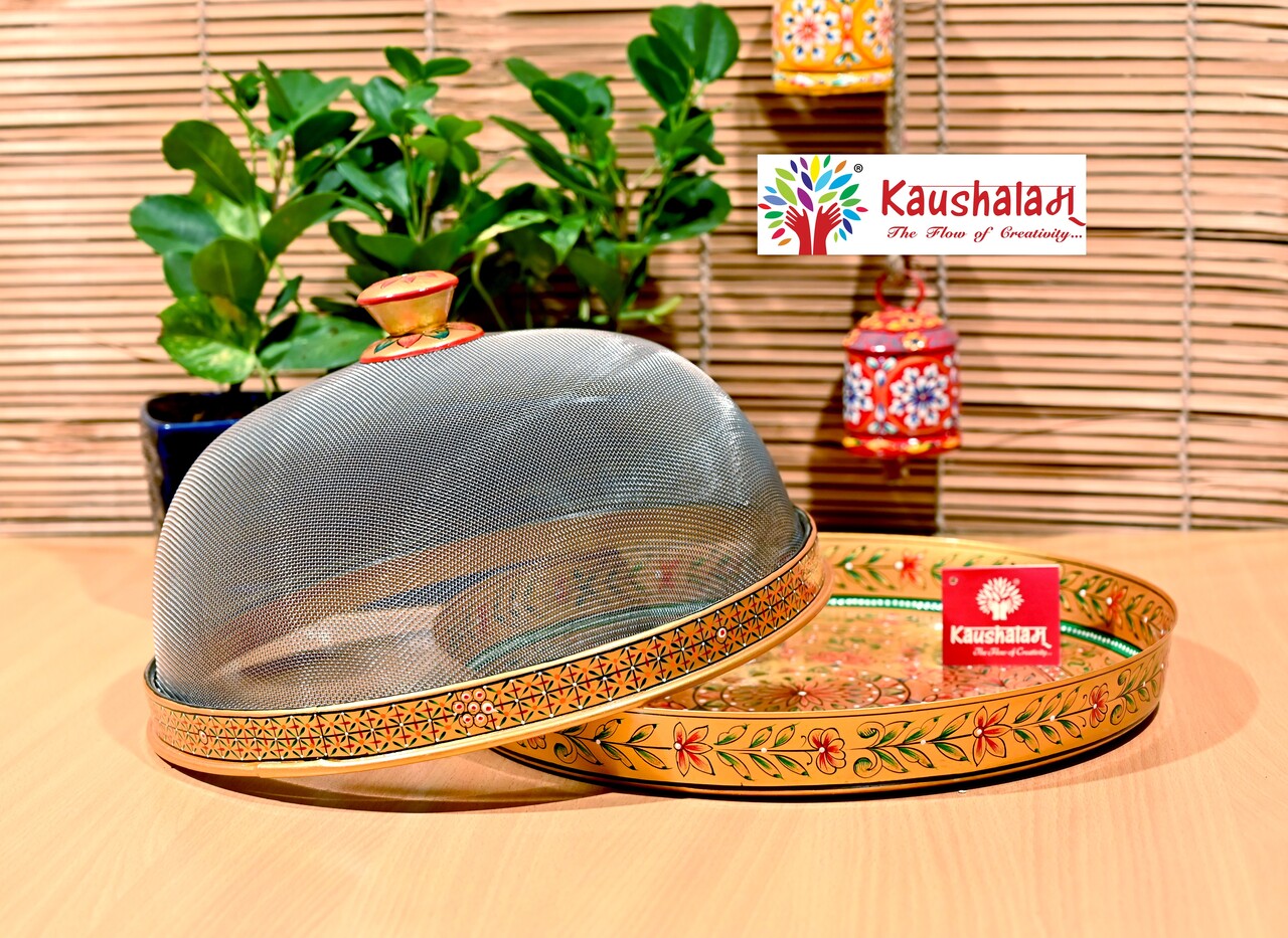 Hand painted Cloche with round Steel Tray : Dome food cover of wire mesh with handle and Round Serving plate Hand painted Cloche with round Steel Tray : Dome food cover of wire mesh with handle and Round Serving plate