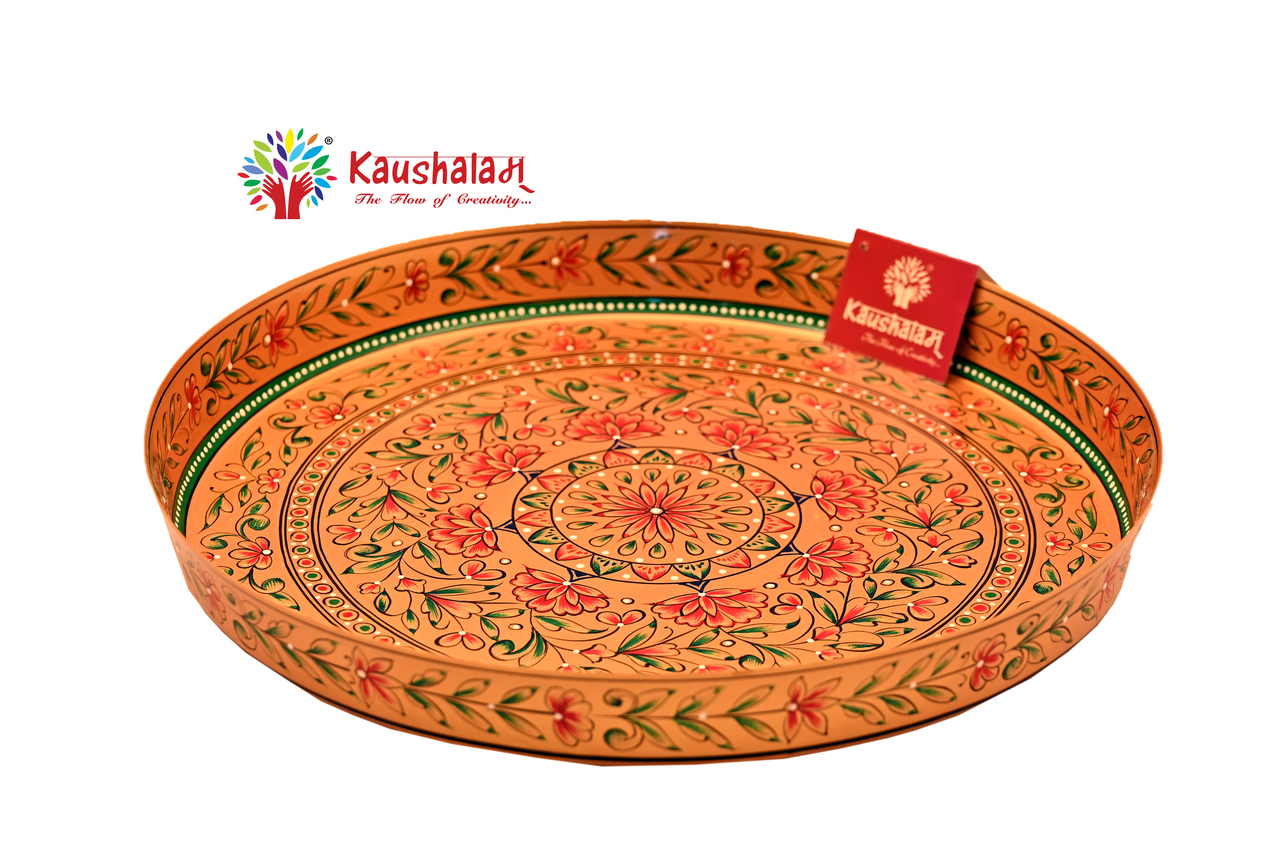 Hand painted Cloche with round Steel Tray : Dome food cover of wire mesh with handle and Round Serving plate