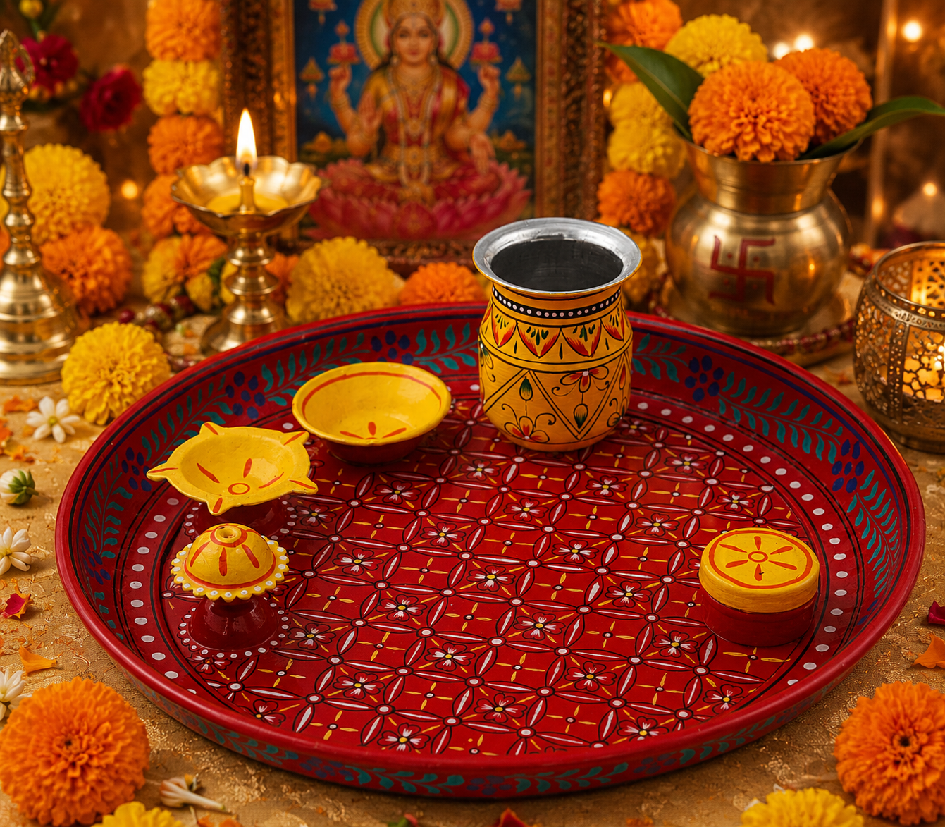 Hand Painted Puja Thali With Diya: Aarti Thali