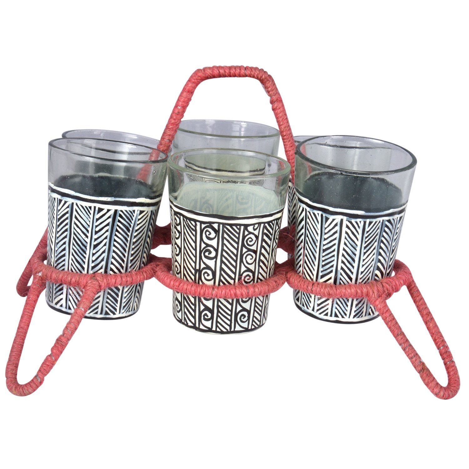 Hand Painted 6 cutting chai glasses and a metal holder wrapped with jute