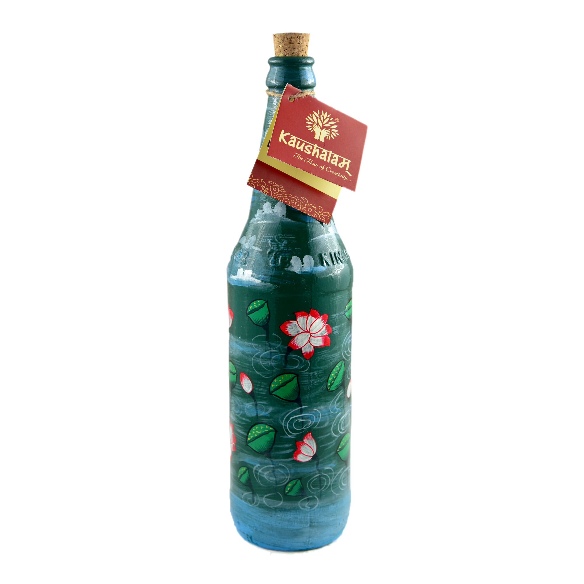 Hand-Painted Recycled Beer Bottle – Bar Decor, Lamp or Vase: Green Lotus