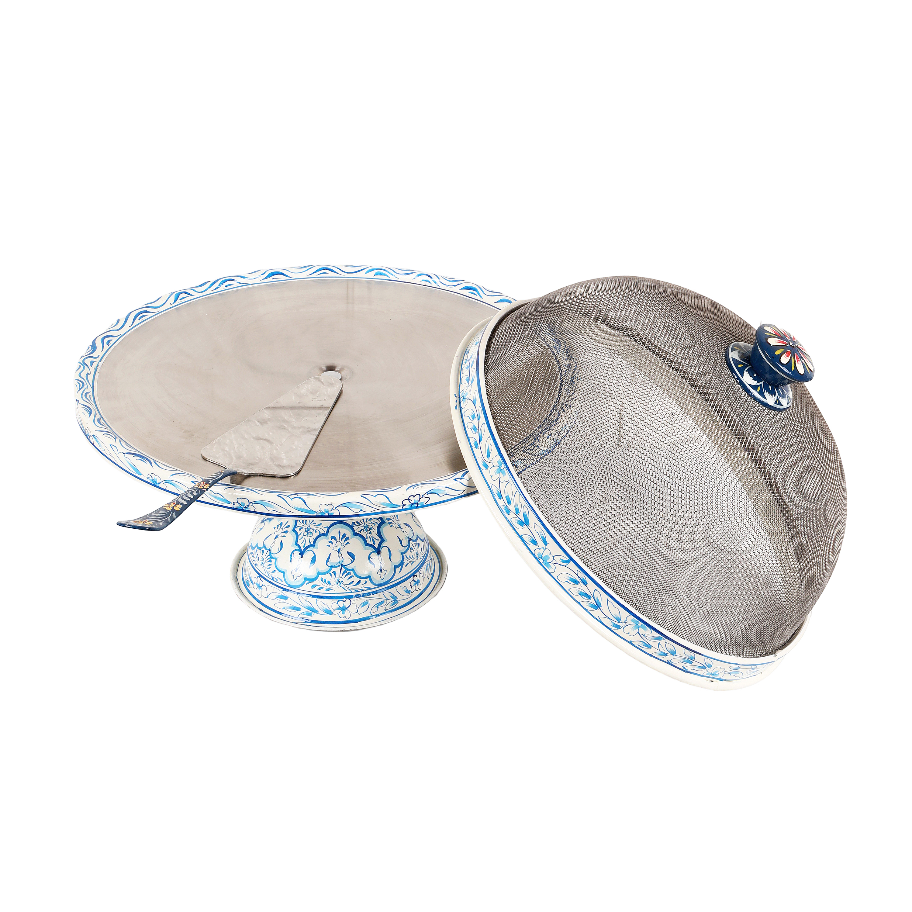 Blue & White Hand-Painted Cake Stand with Dome | Indian Traditional Serve ware | Food Display