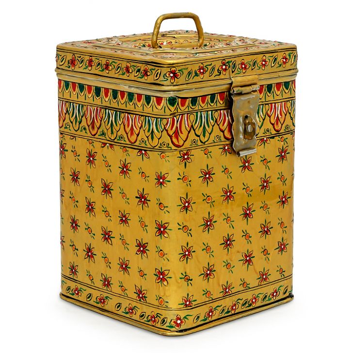 Hand Painted Canister: Golden Stainless Steel Tin Hand Painted Canister: Golden Stainless Steel Tin