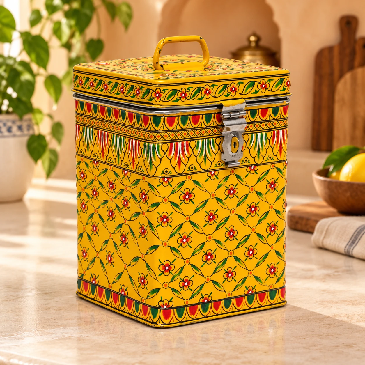 Hand Painted Canister: Golden Yellow Stainless Steel Tin