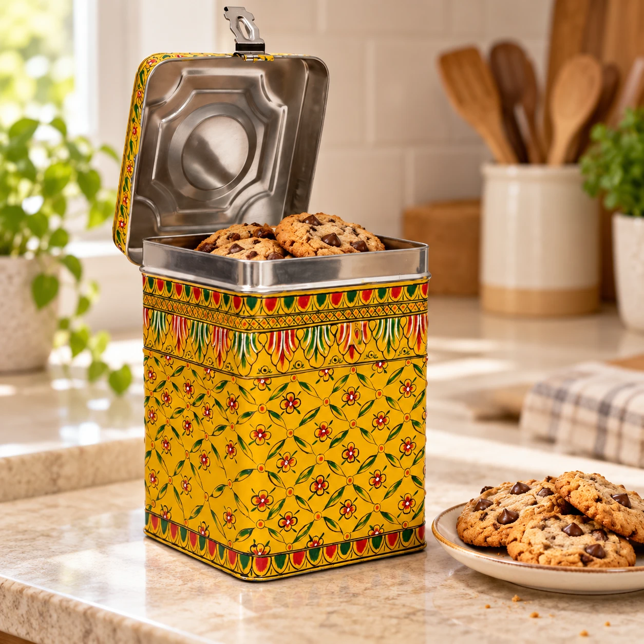 Hand Painted Canister: Golden Yellow Stainless Steel Tin