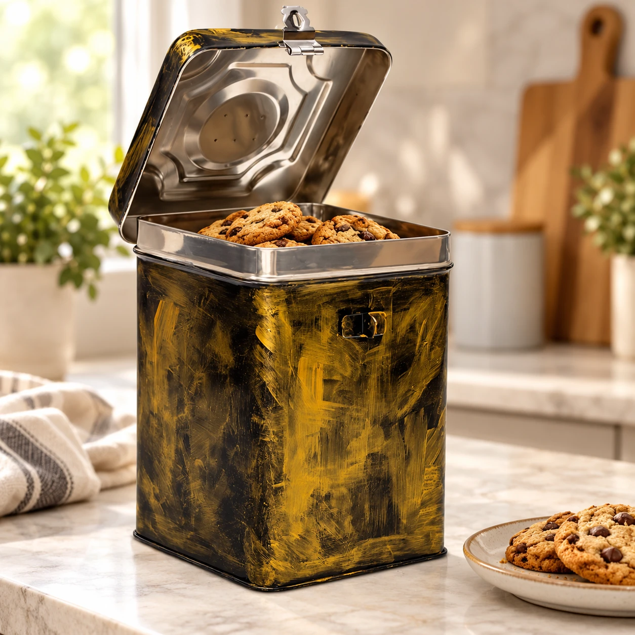 Hand Painted Canister: Black Antiqua Stainless Steel Tin