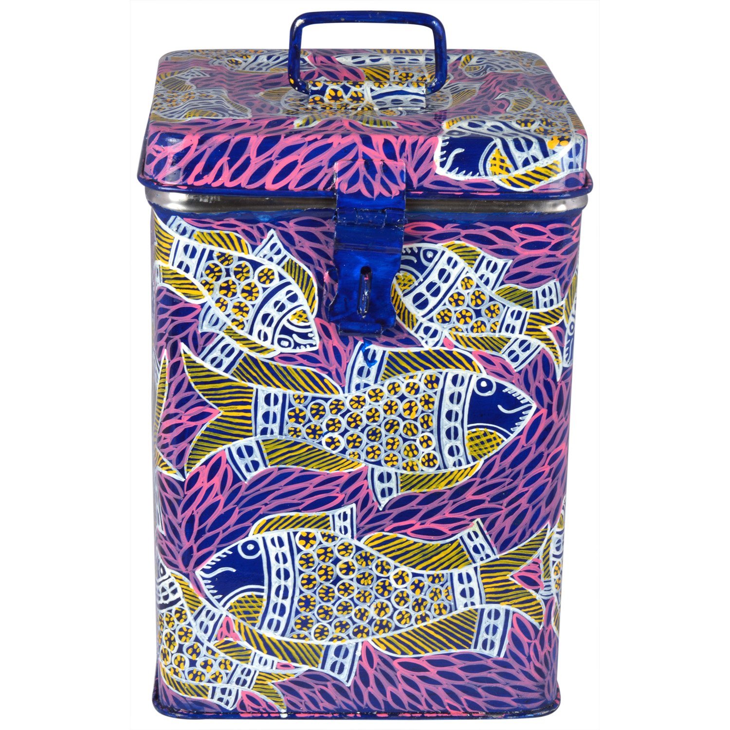 Hand Painted Canister: Blue Fish Pond Stainless Steel Tin Hand Painted Canister: Blue Fish Pond Stainless Steel Tin