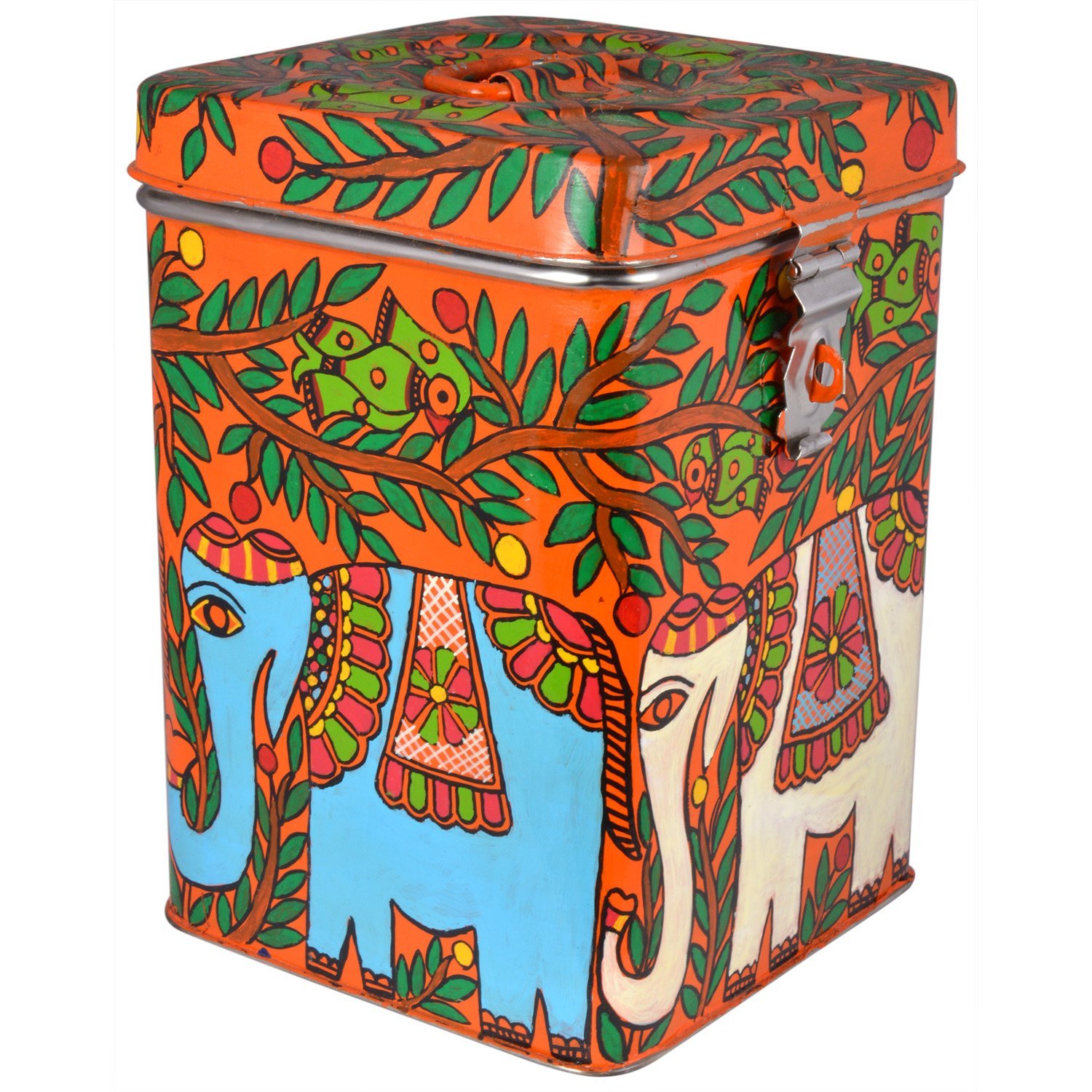 Hand Painted Canister: Elephants Stainless Steel Tin Hand Painted Canister: Elephants Stainless Steel Tin