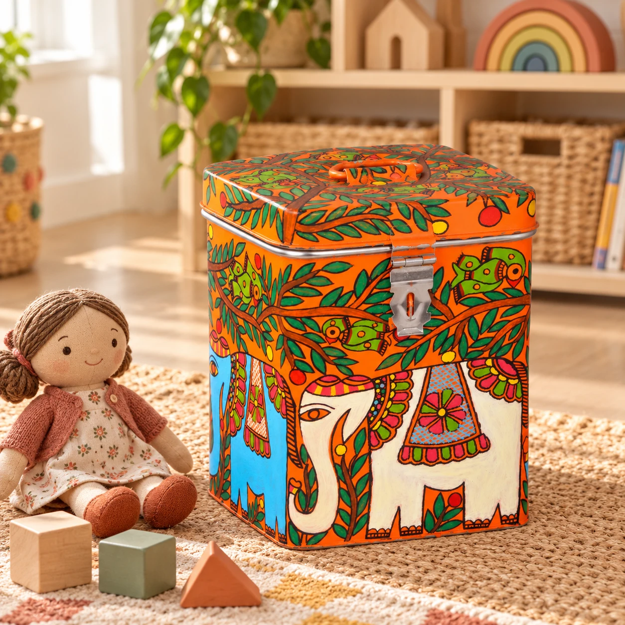 Hand Painted Canister: Elephants Stainless Steel Tin