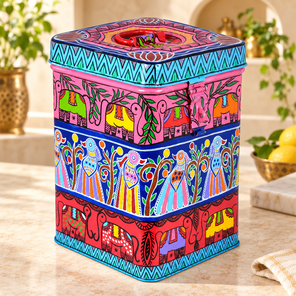 Hand Painted Canister: Celebration Multi color Stainless Steel Tin